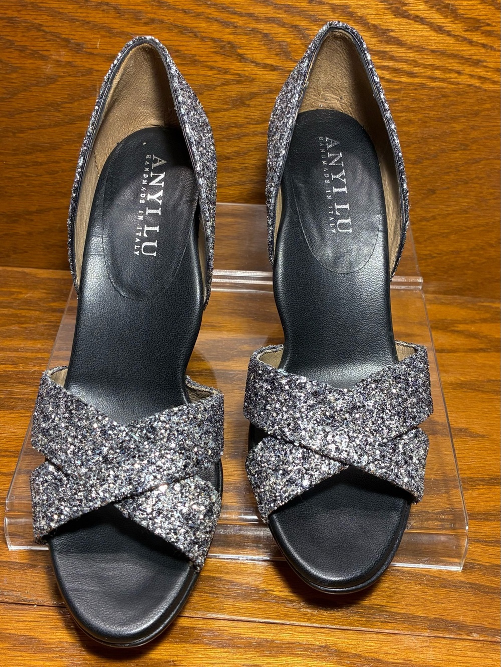 Anyi Lu ITALY MADE Silver Glitter Cross Strap Open Toe Pumps EU 38 US 7.5